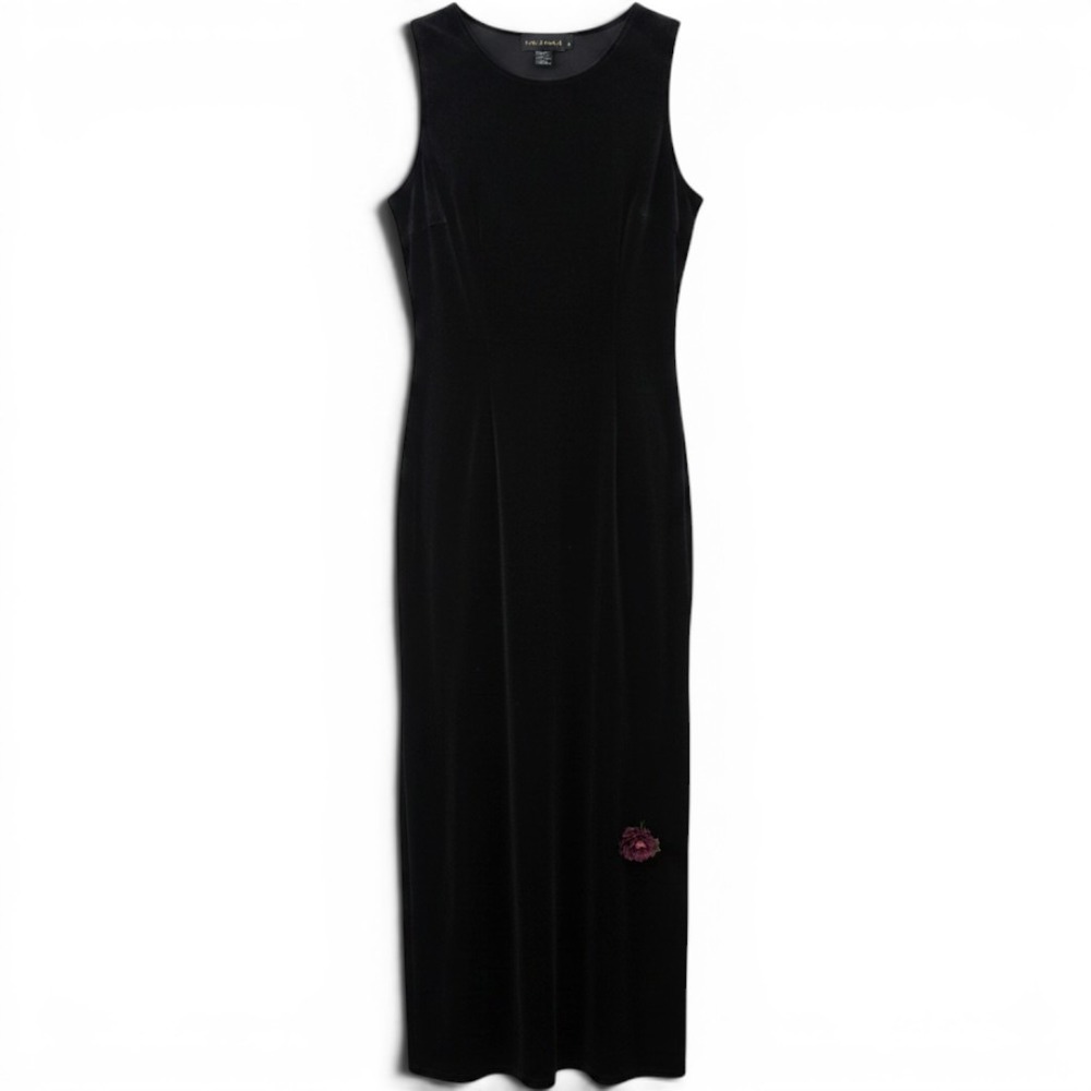 Richard Maxi Dress Womens XL Black Velvet Sleeveless Beaded Flower 90s Vintage